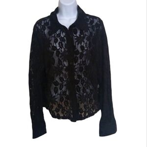 Forever 21+ Black Lace Long Sleeve Button Up Shirt Size 0x